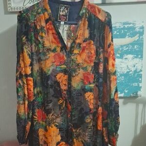 Johnny Was Vibrant Floral Dress/Kimono -Orange and Blue Velvety & Sheer Material